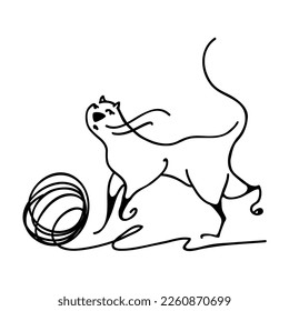 A graceful cat plays with a ball of thread. Beautiful pet in the style of contour graphics. The skein of yarn rolls and unwinds. Illustration for printing on paper and textiles.