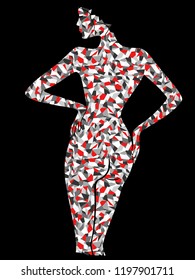 Graceful and charming woman with body in abstract shapes in red and monochrome hues on the black background, hand drawing vector illustration