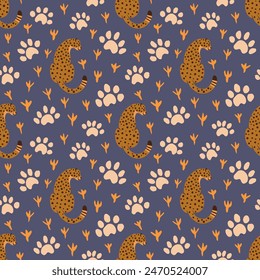 Graceful cheetahs vector seamless pattern and animal tracks for children's clothing, zoo animal tropical playroom decor