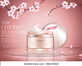 Graceful cherry blossom cosmetic ad, cream bottle upon water surface, sakura branches with dripped water in 3d illustration