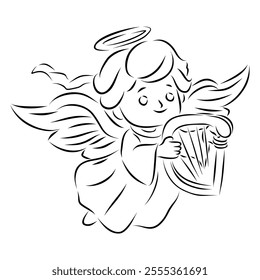 A graceful Christmas angel flying while playing a harp, illustrated in clean line art with a monochrome palette.