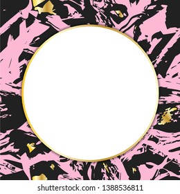 Graceful circle brochure, geometric shape with golden line and marble stone texture, pink tone golden sparkles on pink pastel trendy background. Festive backdrop for your projects