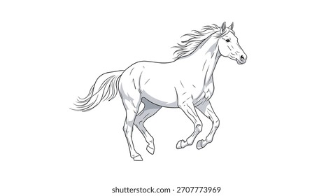 Eine anmutige und saubere schwarz-weiße Linie Kunstgrafik eines schönen Pferdes läuft perfekt für die Färbung oder als Design-Element.