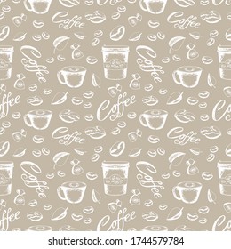 Graceful coffee seamless pattern. Vector. Textile seamless pattern. Print for clothes, packaging, fabric. Advertising background for a coffee shop. Coffee beans. digital scrapbooking paper. Gift.