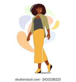 Mujer Negra Elegante Y Segura Se Zanja En Un Atuendo De Moda, Encarnando Elegancia E Individualidad Con Cada Paso. Personaje femenino afroamericano moderno. Ilustración vectorial de personas de dibujos animados