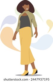 Graceful, Confident Black Woman Strides In Fashionable Attire,flat vector illustration.
