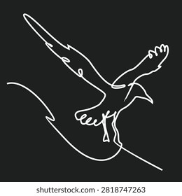 Graceful continuous line art drawing of a flying seagull on a black background, perfect for minimalist designs and nature-inspired themes.