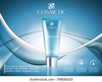 Graceful cosmetic ads, hydrating facial cream or tonner for annual sale. Blue cream mask bottle isolated on glitter particles with elegant abstract objects. 3D vector illustration.