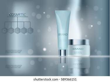 Graceful cosmetic bottle ads vector, hydrating facial for annual sale. Turquoise skin cream mask bottle isolated on glitter particles. 3D illustration.