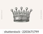 Graceful crown in engraving style. The symbol of the medieval king on a light isolated background. Vintage vector illustration.