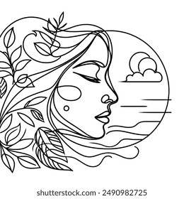 Las curvas elegantes forman una cara que se transforma sin problemas en ramas, creando un retrato armonioso.