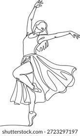 A graceful dancer is depicted in a dynamic pose, showcasing fluid movement and elegance in a minimalist black line art style on a white background.
