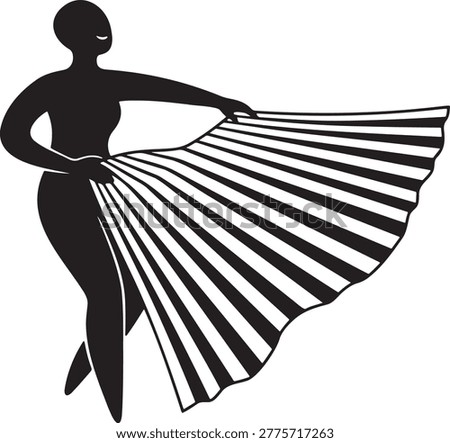 A graceful dancer moves fluidly, holding a large, fanned accessory. Her pose suggests motion and artistry, embodying the beauty and elegance of dance, possibly a traditional or theatrical performance.