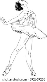 graceful dancing ballerina painted with ink by hand on a white background