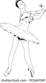 graceful dancing ballerina painted with ink by hand on a white background