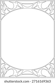 Un elegante marco decorativo con curvas que fluyen maravillosamente inspiradas en el estilo Art Nouveau. Diseñado en blanco con un refinado contorno negro, ofrece un aspecto limpio pero clásico adecuado para carteles, certificados, invitaciones y Diseños gráficos sofisticados.