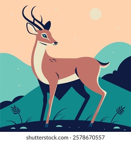 Graceful deer with antlers in cartoon style