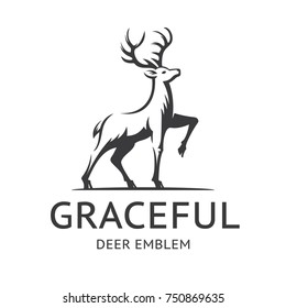 Graceful Deer emblem, illustration, logotype - stag gracefully lifted his leg and proudly looks up, on a with background.