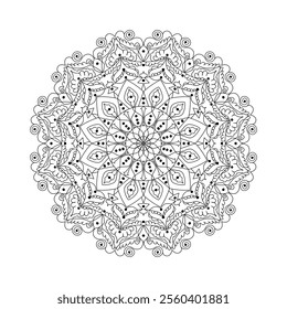 Graceful and detailed mandala art drawn with geometric shapes, radiating symmetry and balance. This black-and-white illustration is perfect for meditation, artistic inspiration or as a template for co