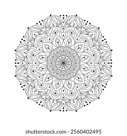 Graceful and detailed mandala art drawn with geometric shapes, radiating symmetry and balance. This black-and-white illustration is perfect for meditation, artistic inspiration or as a template.