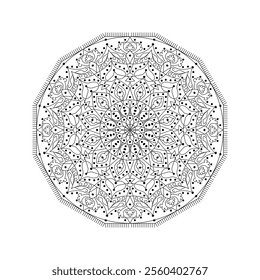 Graceful and detailed mandala art drawn with geometric shapes, radiating symmetry and balance. This black-and-white illustration is perfect for meditation, artistic inspiration or as a template.