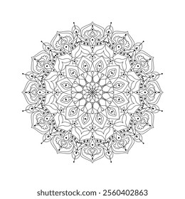 Graceful and detailed mandala art drawn with geometric shapes, radiating symmetry and balance. This black-and-white illustration is perfect for meditation, artistic inspiration or as a template.