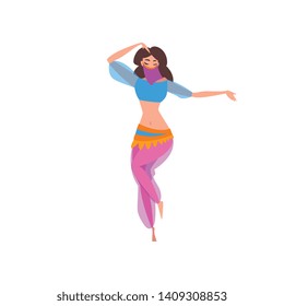Graceful Eastern Girl Dancing Belly Dance, Oriental Indian or Arabic Dancer Character in Traditional Costume and Veil Vector Illustration