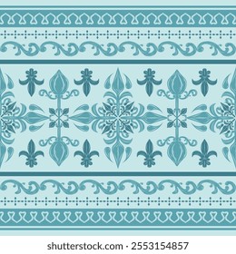 Graceful Elegance Scroll Ornament inspired from Qing dynasty porcelain. Royal Florals Pattern Seamless Vector Embroidery Hand Draw Tracery. Arts Border Baroque Asian Geometry Combine for Luxury Design