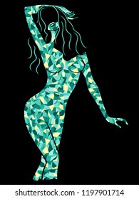 Graceful and elegant lady with body in abstract shapes turquoise and beige hues on the black background, hand drawing vector illustration