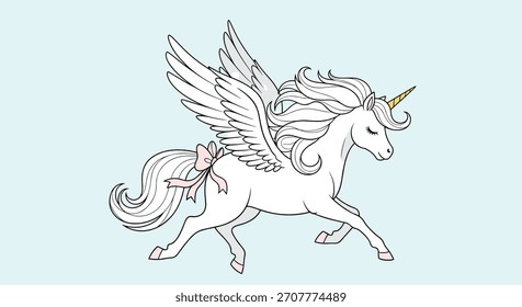 Elegante y elegante unicornio alado en un estilo de arte de línea simple corriendo o volando sobre un diseño de fondo azul claro suave.