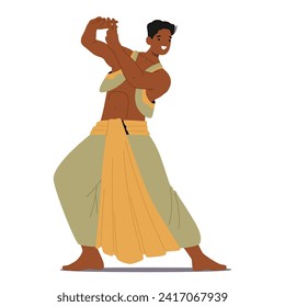 Graceful And Expressive Indian Male Dancer Captivates With Intricate Footwork, Fluid Hand Gestures, And Vibrant Costume Narrating Stories Through Classical Or Folk Dance. Cartoon Vector Illustration