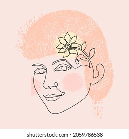 The graceful face of a girl with a flower drawn in one continuous line. One line drawing style. Fashionable vector illustration for cosmetics.