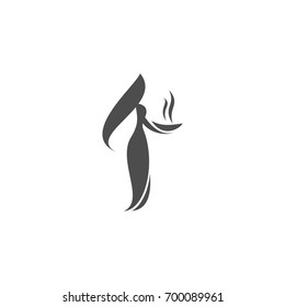 Graceful feeding woman. Woman in long dress with hot  bowl of food.  vector simple logo isolated on white.  Black and white. National cuisine logotype. Charity symbol.