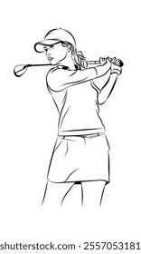 A graceful female golfer captured in a moment of perfect balance, showcasing her skill and technique through elegant line art