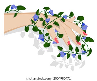 graceful female hand of fairy holds blooming liana. Green plant with blue flowers weaves along girl hand. Care and love for nature. Vector