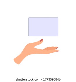 A graceful female hand holds an empty sheet of paper over a palm, a card. Vector illustration, flat color cartoon design, eps 10, isolated on white background.