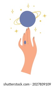A graceful female hand touches the planet Jupiter. Flat boho sticker for astrology, predictions, witch symbol. Modern vector illustration isolated on white background.