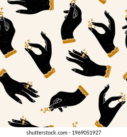 Graceful Female hands holding and showing Rings with Diamonds. Close up look. Wedding, jewelry, engagement concept. Hand drawn trendy Vector seamless Pattern. Background, poster. Black and gold colors