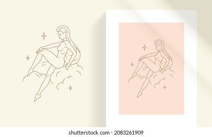 Graceful female sitting on cloud line art style vector illustration. Boho sensual woman linear drawing for femininity poster and magic practices logo emblem decoration or fashion print.