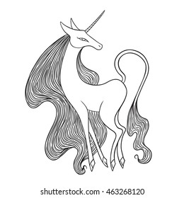 Graceful female unicorn outline illustration.