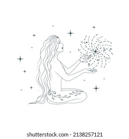 Graceful figure of the beautiful goddess creating the planets against the background of the starry sky. Celestial line art vector illustration for chic tattoo, poster, tapestry or greeting card.