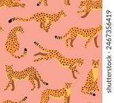 Graceful figures of cheetahs in motion, running, hunting, jumping on pink background. Vector seamless pattern for children