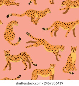 Graceful figures of cheetahs in motion, running, hunting, jumping on pink background. Vector seamless pattern for children's clothing, zoo animal tropical playroom decor.