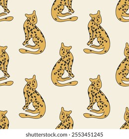 Graceful figures of cheetahs in motion, running, hunting, jumping on pink background. Vector seamless pattern for children's clothing, zoo animal tropical playroom decor.