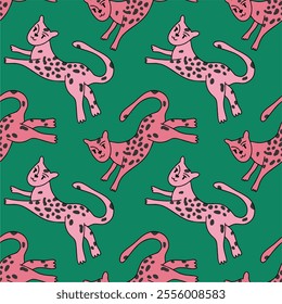 Graceful figures of cheetahs in motion, running, hunting, jumping on pink background. Vector seamless pattern for children's clothing, zoo animal tropical playroom decor.