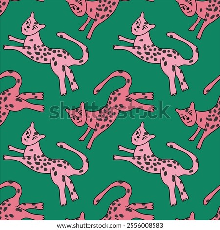 Graceful figures of cheetahs in motion, running, hunting, jumping on pink background. Vector seamless pattern for children's clothing, zoo animal tropical playroom decor.