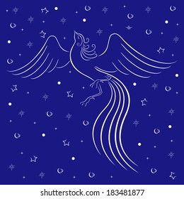 Graceful firebird white contour on blue background with many stars. Hand drawing vector illustration