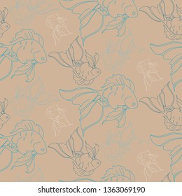 graceful fishes on beige background, seamless vector pattern. Drawing for printing, wrapping paper, fabric and wallpaper.