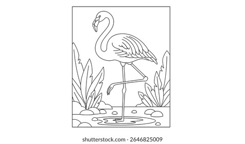 A graceful flamingo stands elegantly amidst lush tropical plants and shallow water in this detailed line art illustration