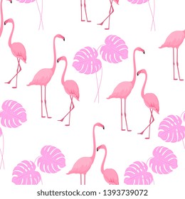 Graceful flamingos and monstera leaves. Tropical summer background
